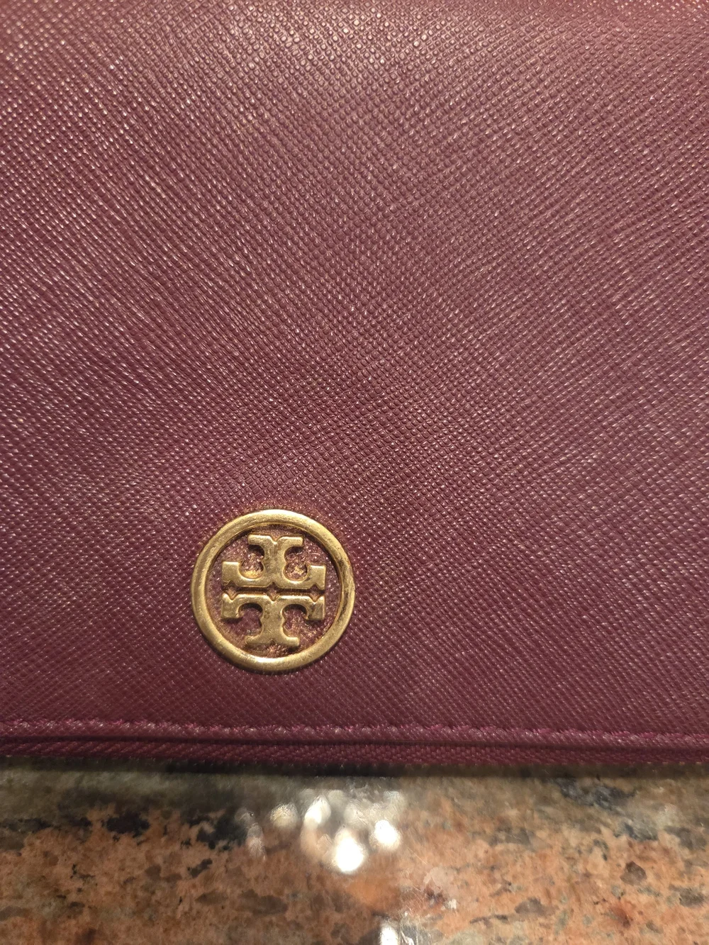 Tory Burch Burgundy Saffiano Leather Wristlet with Gold Chain